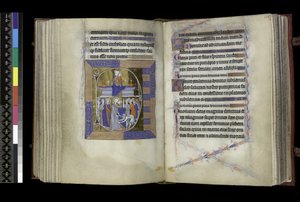 MS 300 f.177v-178r, måtter, jomfru og barn siddende mellem to vaser på bænken (ovenfor); Forræderi mod Kristus, hvor Judas kyssede Kristus, og Sankt Peter, der skærer Malchus