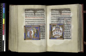 MS 300 f.198v-199r, Valgret til korset og englevalg, fra Isabellas salter og timer, Paris, ca. 1265-70 (pen & blæk og tempera på pergament) af French School