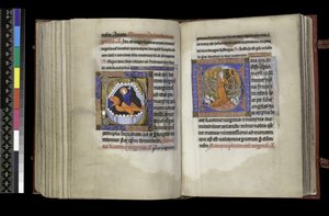 MS 300 f.206v-207r, Valgret til Skt. Margaret og Stemmeret til Skt. Catherine, fra Isabellas Salter og Timer, Paris, ca. 1265-70 (pen & blæk og tempera på pergament) af French School