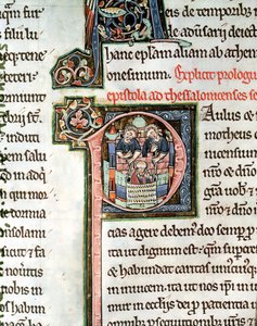 MS 3 Fol. 291v The Escape of Saint Paul fra Damaskus, belyst begyndelsesbogstav P, 13. århundrede, fra Avranches Bible af French School