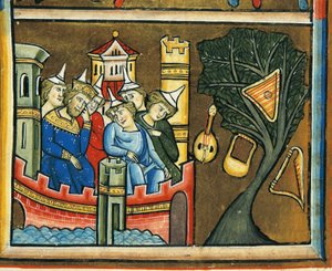 MS CXXXVII fol. 139v, sørgende jøder i Babylon, fra Sankt Elizabeths Psalter (tempera & bladguld på vellum) af French School