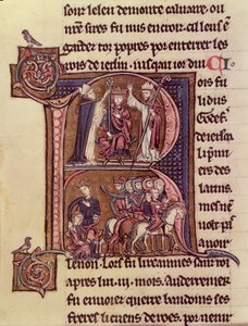 MS Fr 9081 f.99v Historikert initial R, der forestiller kong Baldwin I af Flandern (1171-1205), der blev kronet som den latinske kejser i 1204 og hans generøsitet over for en tyrkisk kvinde, der sender sit barn afsted af French School