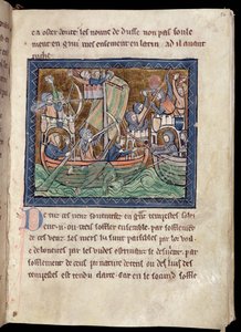 MS Marlay Tilføj 1 f.86 Side med tekst med belysning af et søslag, fra De Re Militari, c.1270 af French School