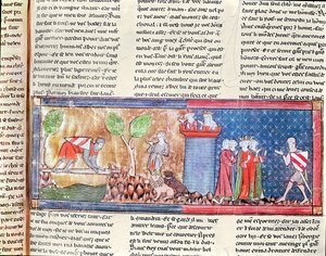 M. 806 f.166 Lancelot beviser sin kærlighed til Guinevere ved at krydse en flod broen af et skarpt sværd, fra Roman de Lancelot du Lac, 1344 af French School