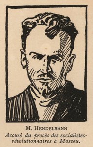 M I Gendelman, russisk socialistrevolutionær politiker, som var en af de anklagede i Moskvaprocessen mod socialistrevolutionærer i 1922, den første sovjetiske skueproces (litografi). af French School