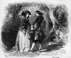 Mademoiselle de Pons mødte sin unge elsker Malicorne omkring 1653. Indgravering i "Prostitutionens og udskejelsens historie blandt alle verdens folkeslag fra antikken til i dag" af Dr. Th. -F. Debray. 1879. af French School