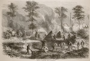 Fremstilling af trækul til krudt, illustration fra Cassells historie om krigen mellem Frankrig og Tyskland, 1870-1871 af French School