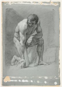 Male Academy, Knælende, Leaning Forward on a Rock, slutningen af 1700-tallet (sort kridt med hvid forhøjning) af French School