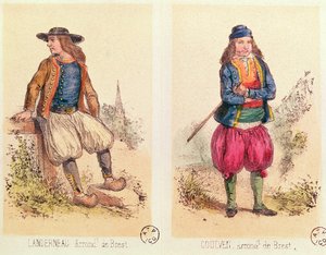 Mandlige kostumer fra Landerneau og Goulven, fra Les Costumes Bretons de Sorrieu af French School