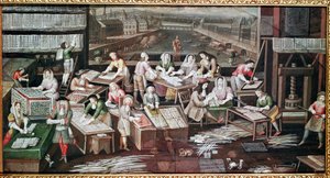 Fremstilling af spillekort i et hus på Place Dauphine (design til fan, gouache på papir, ca. 1680) af French School