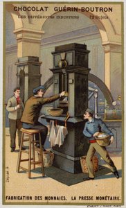 Fremstilling af mønter. Møntpresse (chromolitho) af French School