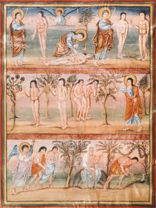 Manuskriptside, der repræsenterer episoder fra Adam og Evas liv: Adams og Evas skabelse. Arvesynden. Udvisning fra paradis (miniature) af French School