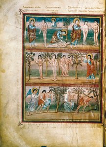 Manuskriptside, der repræsenterer episoder fra Adam og Evas liv: Adams og Evas skabelse. Arvesynden. Udvisning fra paradis (miniature) af French School