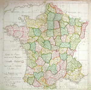 Kort over Frankrig, der viser planer om at opdele afdelinger, 1789 (farve litho og blæk)