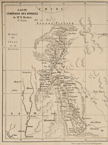 Kort over Laos og Mekong-floden, der viser ruten for Henri Mouhots rejse, illustration fra Rejser i de centrale dele af Indo-Kina (Siam), Cambodja og Laos i årene 1858, 1859, en