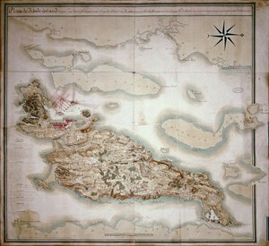 Kort over Rhode Island på tidspunktet for dets besættelse 1780-81 af den franske hær på ordre fra Jean-Baptiste de Vimeur (1725-1807) greve af Rochambeau
