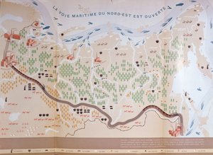 Kort over Sibirien, der viser områdets enorme naturressourcer og viser en sørute, der ville åbne for handel, 1933