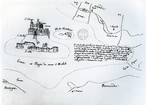 Kort over bugten Mont Saint-Michel (pen og blæk på papir)