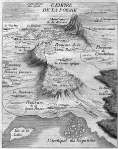 Kort over "Empire of Poesy", der repræsenterer forskellige typer poesi. Bernard Le Bouyer (Le Bovier) de Fontenelle (1657-1757) af French School
