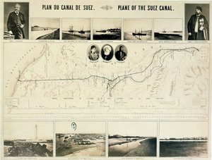 Kort over Suez-kanalen ledsaget af forskellige udsigter og portrætter af Ferdinand de Lesseps (1805-94) og Ismail Pasha (1830-95) 1869