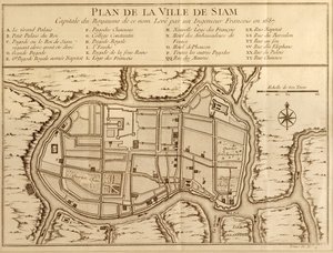 Kort over byen Siam, hovedstaden i kongeriget med det navn efter en undersøgelse foretaget af en fransk ingeniør i 1687, offentliggjort i 1751-udgaven af Histoire Generale des Voyages af Antoine Prevost