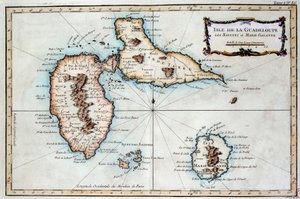 Kort over øen Martinique, øen Saintes og øen Marie Galante i Vestindien. Gravering af Chartres fra det 19. århundrede, Musee des Beaux Arts af French School