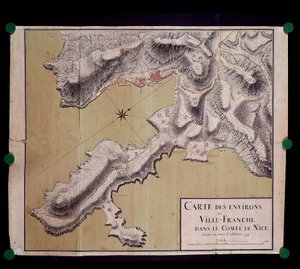 Kort over omgivelserne i Villefranche i greven af Nice-dammen i oktober 1748 af French School