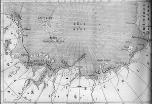 Kort over "Vegas"-rejsen sporet af opdagelsesrejsende Nils Adolf Erik (Eric) Baron Nordenskjold (Nordenskiold) (1832-1901). I 1878 gik Nordenskjold fra Atlanterhavet til Stillehavet langs Sibiriens kyst. Indgravering i "" Le Monde Illust af French School
