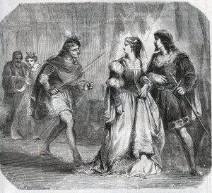 Marguerite de Baviere, hertuginde af Bourgogne (1363-1423) og dronning Isabeau (Isabelle, Elisabeth) af Baviere (1371-1435) adskiller Ludvig I af Valois, hertug af Orleans (1372-1407) og Jean Sans Ppeur, hertug af Bourgogne ( 1371-1419), som kæmper for reg af French School