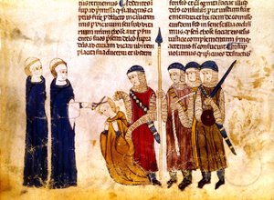 Marguerite af Burgund (1290-1315), hustru til den franske kong Louis X, får klippet sit hår af for utroskab (pergament) af French School