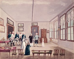 Marie-Therese-Charlotte de Bourbon, Madame Royale, møder sine kusiner kejser Frans II af Østrig og hans kone Maria Teresa i Wien efter hendes løsladelse i 1795 fra fængslet i Paris, ca. 1796 (wc) af French School