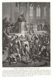 Martin Luther river pavelige tyre op, Wittenberg, Tyskland, 1520 af French School
