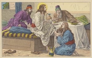 Maria Magdalene ved Jesu fødder (farve litho) af French School