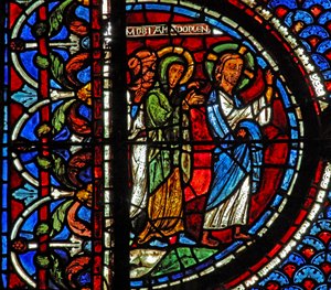 Maria Magdalene vindue: Maria, Martha og Jesus går til Lazarus grav (w46) af French School