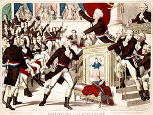 Maximilian Robespierre ved konventet (Seance of 19 Thermidor 1794), Jean Lambert (Jean-Lambert) Tallian truer Robespierre med en kniv - Populær gravering af perioden af French School