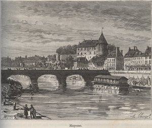 Mayenne er en kommune i det vestlige Frankrig i regionen Pays de la Loire - indgravering i "La France illustree: geography, history, administration statistique" af V.-A. Malt-brun. 1884 af French School