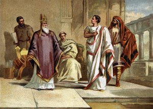 Møde mellem kejser Flavius Julius Valens (328-378) romersk kejser og den hellige Basil af Cesaree eller Basil den Store (330-379), eveque og kirkens fader. Kromolitografi i slutningen af det 19. århundrede af French School