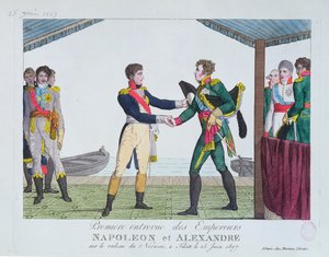 Møde mellem Napoleon I og Alexander I, i Tilsit, 25. juni, 1807 af French School