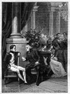 Møde i Genes (Genova) i Italien af Napoleon I med kardinal Jean Siffrein Maury (1746-1817) 1805 - i "History of the Empire following the history of the consulat"" af Adolphe Thiers - 1879 - privat samling af French School