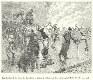 Medlemmer af Basaoche, et laug af advokatfuldmægtige, der fejrer en festival på gaden i en fransk middelalderby (gravering) af French School