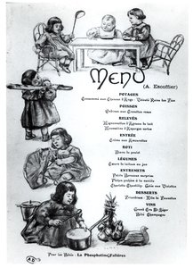 Menu skabt af Auguste Escoffier (1846-1935) for børn og babyer, ca. 1900 af French School