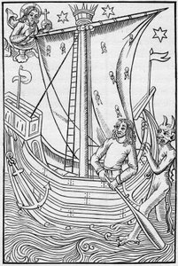 Middelalderens handelsskib midt i havets farer. Gravering i "La Marine et les kolonier: handel" af French School