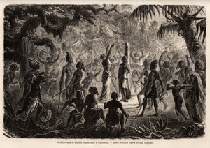 Meriah Pujah eller menneskeofring, Khondistan (Engelsk Indien). Tegning af Fuchs, for at illustrere major John Campbells undersøgelse af menneskeofringer i de engelske Indien af French School