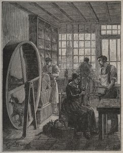 Metier og håndværker: en bestikbutik i provinsen i det 19. århundrede. Indgravering fra 1885 i "" Les arts et metiers illustres"" af Adolphe BITARD. af French School