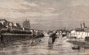Metz - udsigt over havnen Saint-Georges - Mosel - indgravering i "La France illustrée: geografi, historie, statistisk administration" af V.A. Malt-Brown. 1884 af French School