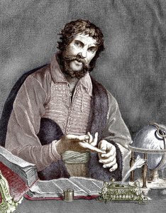 Michel de Nostredame, alias Nostradamus (1503-1566) fransk astrolog og læge, gravering, farvelagt dokument af French School