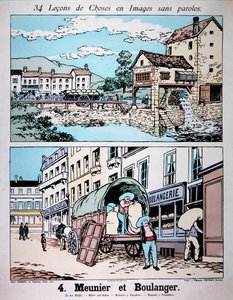 Miller og Baker, illustration fra en folkeskolebog, ca. 1900 (farve litho) af French School