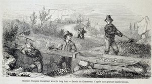Minearbejdere (guldsøgende) franskmænd, der arbejder med den lange tom - i "" Tour du monde"" af French School