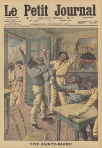 Minearbejdere drikker en skål for St. Barbara, deres skytshelgen (farve litho) af French School