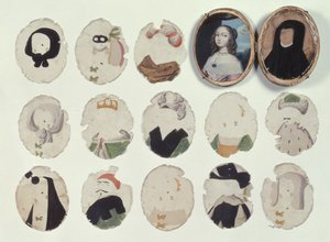 Miniature til transformationer bestående af et etui med malet portræt af en ung pige og malede glimmerstrimler, som passer sammen for at ændre portrættet (elfenben, glimmer og maling) af French School